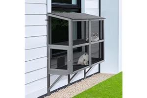 beeNbkks 2 Tiers Bug Proof Cat Catio, Window Cat House with Metal Mesh, Outdoor Enclosure for Indoor Pets, Expandable Wooden Perch, Safe Comfortable Haven for Pets, Keep Bugs Insects Out