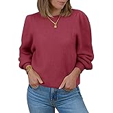 Saodimallsu Womens Puff Long Sleeve Sweaters Fall Crew Neck Cozy Soft Knit Loose Casual Pullover Tops