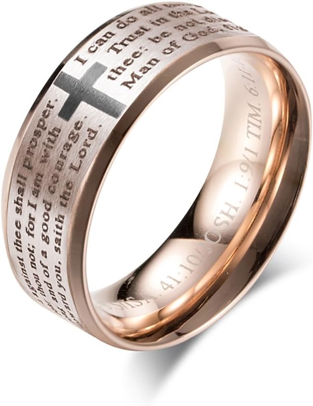 Men's 8MM Stainless Steel Bible Verse Christian Cross Lord's Prayer Ring (Black/Gold/Silver/Rose Gold)