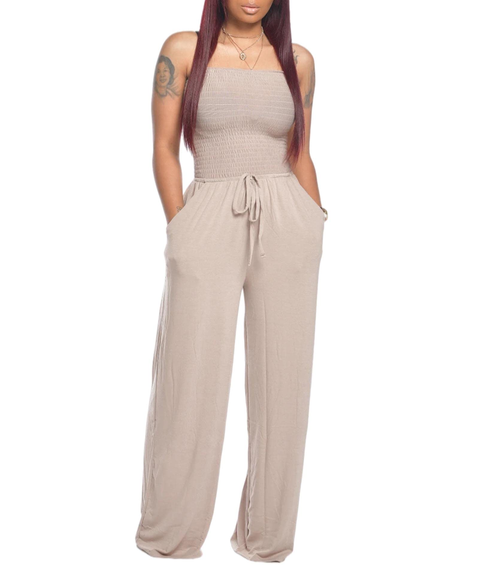 Photo 1 of (XL) (BAGGED) ECDAHICC Women's Strapless Tube Top Rompers Casual Off Shoulder Solid Color Belted Wide Leg Jumpsuit with Pockets(AP,XL)