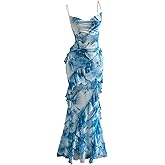 GORGLITTER Women's Floral Mesh Fishtail Maxi Dress Summer Ruffle Backless Wedding Guest Vacation Cocktail Long Sundress