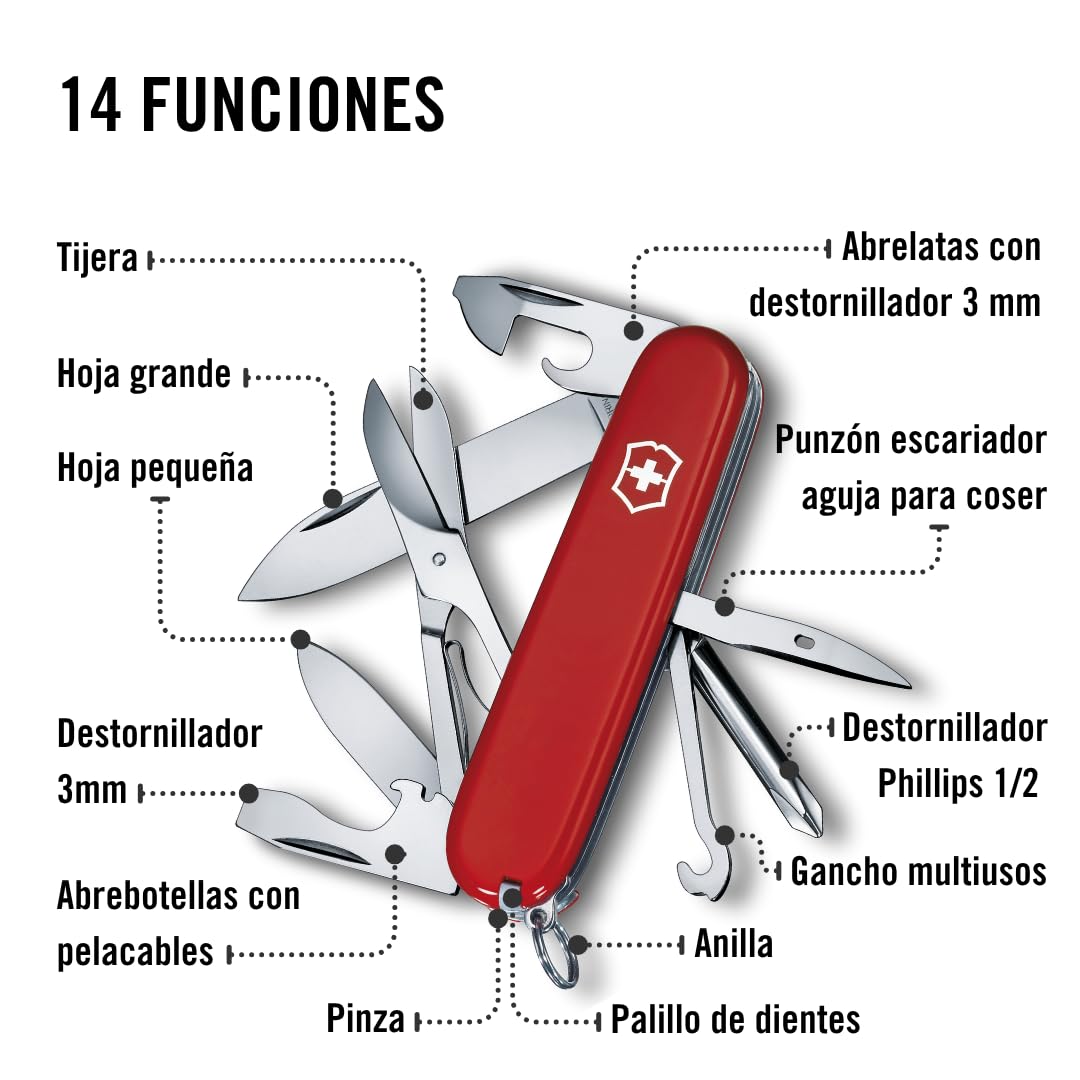 Victorinox Schweizer Taschenmesser, Super Tinker, Multitool, Swiss Army Knife mit 14 Funktionen, Klinge, Dosenöffner, Schraubendreher 3 mm, Rot, Blister 4