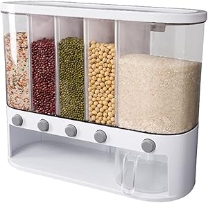 DAOGUAN Food Dispenser Wall Mounted Grain Storage Tank Dry Food Storage Box Large Capacity 5-Grid Rice Bucket with Lid Kitchen Container for Rice Nuts Beans Candy Cereals