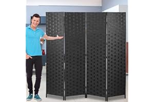 DKELI Room Dividers and Folding Privacy Screens 4 Panel 6 ft Foldable Portable Room Seperating Divider, Handwork Wood Mesh Woven Design Wall, Freestanding, Black