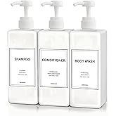 Modern Shampoo and Conditioner Dispenser (21 oz, Pack of 3) Refillable Pump Bottle Set Empty Shower Plastic Bottles with Pump for Bathroom Body Wash Soap and Shower