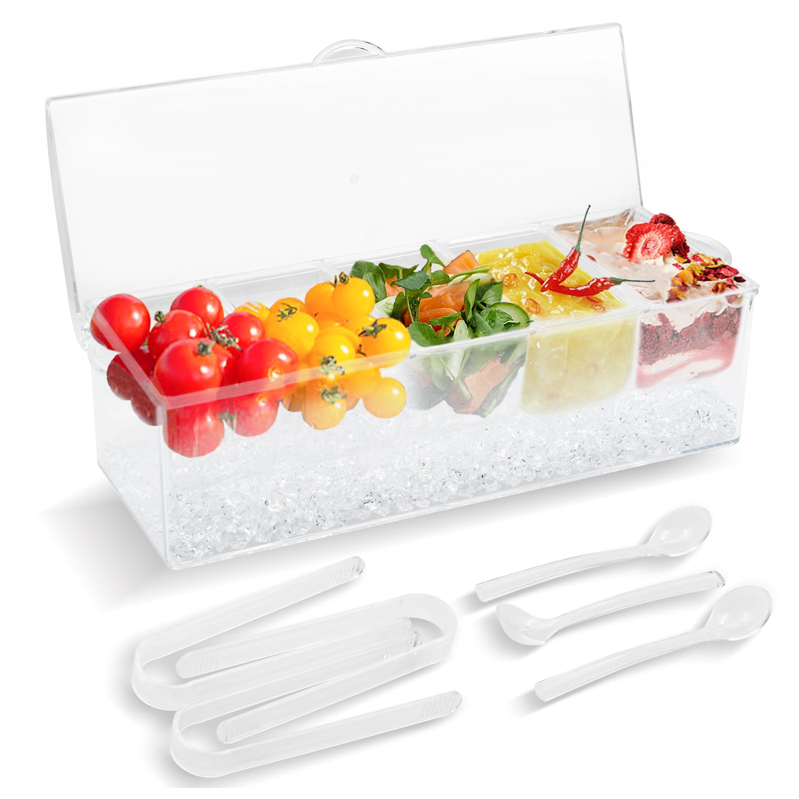 Chilled Condiment Server with Lid, Bar Condiment Organizer on Ice with 5 Compartments, Clear Serving Bar Compartments Box Tray