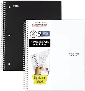 Five Star Spiral Notebooks, 5 Subject, College Ruled Paper, 200 Sheets, 11 x 8-1/2 inches, Black, White, 2 Pack (73035)
