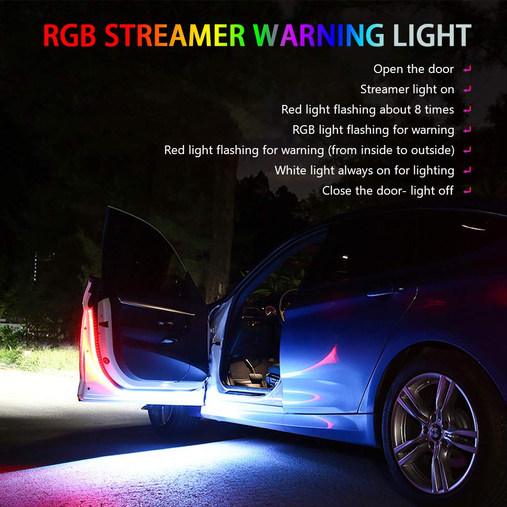 Atrepin Car Door Led Strip Lights Safety Light 2 Pcs 48 Inch 144 Leds Interior Car Door Light Used For Lighting Decoration Strobe Lights For Anti Rear End Collision Always White And Flashing Red Warning