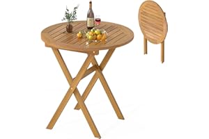RELAX4LIFE Round Outdoor Folding Table - 26’’ Acacia Wood Patio Bistro Table w/Slatted Tabletop for Indoor Outside Dining Camping, Portable Foldable Wooden Furniture for Garden Backyard Porch (1)