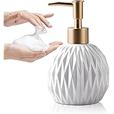 Ceramics Gold Soap Dispenser for Bathroom, Relief Soap Dispenser for Kitchen Sink, 400ml/13.5Oz Refillable Liquid Hand Soap Bottle with Gold Pump (White).