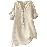 Nantdog Linen Tops for Women Summer V Neck Short Sleeve Blouses Ligthweight Casual Gauze Shirts Senior Clothes Beach