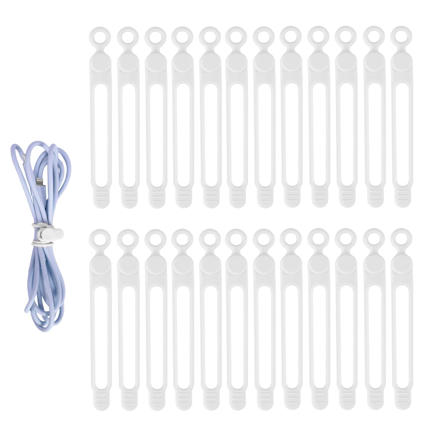 KINBOM 24pcs Silicone Cable Straps, Elastic Fastening Cable Ties Silicone Wire Ties Reusable Cord Organizer for Earphone, Phone Charger, Audio Cable, Compute (White)