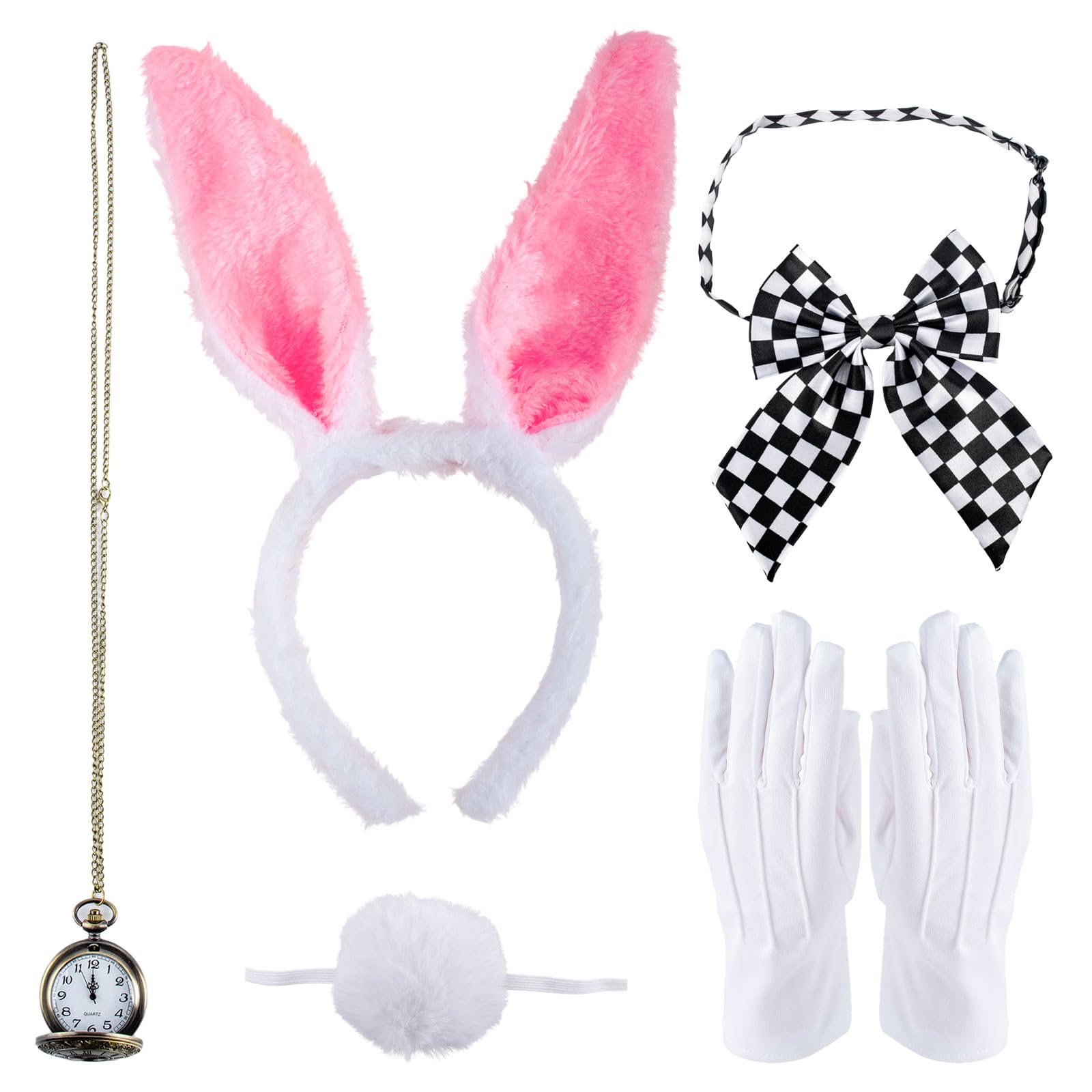 SSKHE 5PCS Bunny Costume Accessories Set,Wonderland Rabbit Fancy Dress Set,Rabbit Fancy Dress Costume Accessory Set with White Ears, Bowtie,Tail,Nose, Gloves for adults