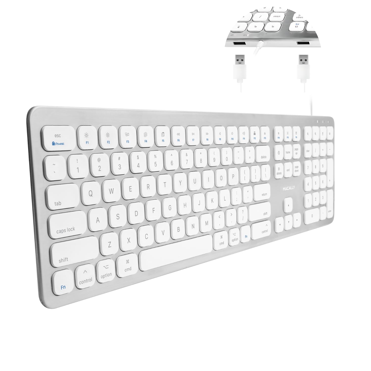 Macally WKEYHUBMB-A, extended Mac keyboard with numeric pad, 2 USB ports and US QWERTY key cap layout, USB-A, aluminium design