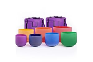 432HZ 6"-12" Chakra Set of 7 Pieces Color Frosted Quartz Crystal Singing Bowls with 2 Pcs Case Bags