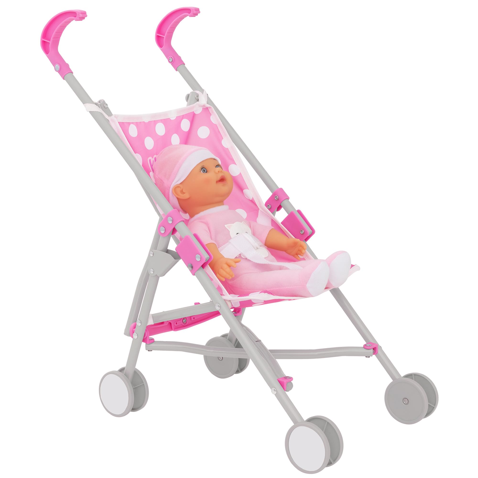Dolly Tots Single Stroller | Pink Polka Dot Baby Doll Pushchair | Lightweight Toy Dolls Buggy with Umbrella Fold | Role Play Stroller for Kids | Perfect Baby Doll Pram for Girls & Boys Ages 2+