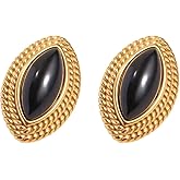 Big Chunky Black/Red Gold Earrings for Women,Vintage Oval Onyx Statement Earrings,Trendy 18K Gold Plated Stud Stainless Steel Hypoallergenic,Lightweight Jewelry Gift for Women