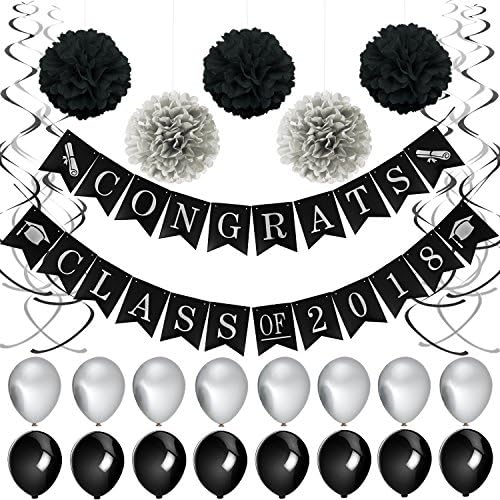 Congrats Class of 2018 Graduation Banner, Vagski Black and Silver Party Supplies for Graduation 2018, Pom Poms Flowers, Swirls Packs, 16 Balloons, Classy Graduation Decorations (53 pcs) VAG049S