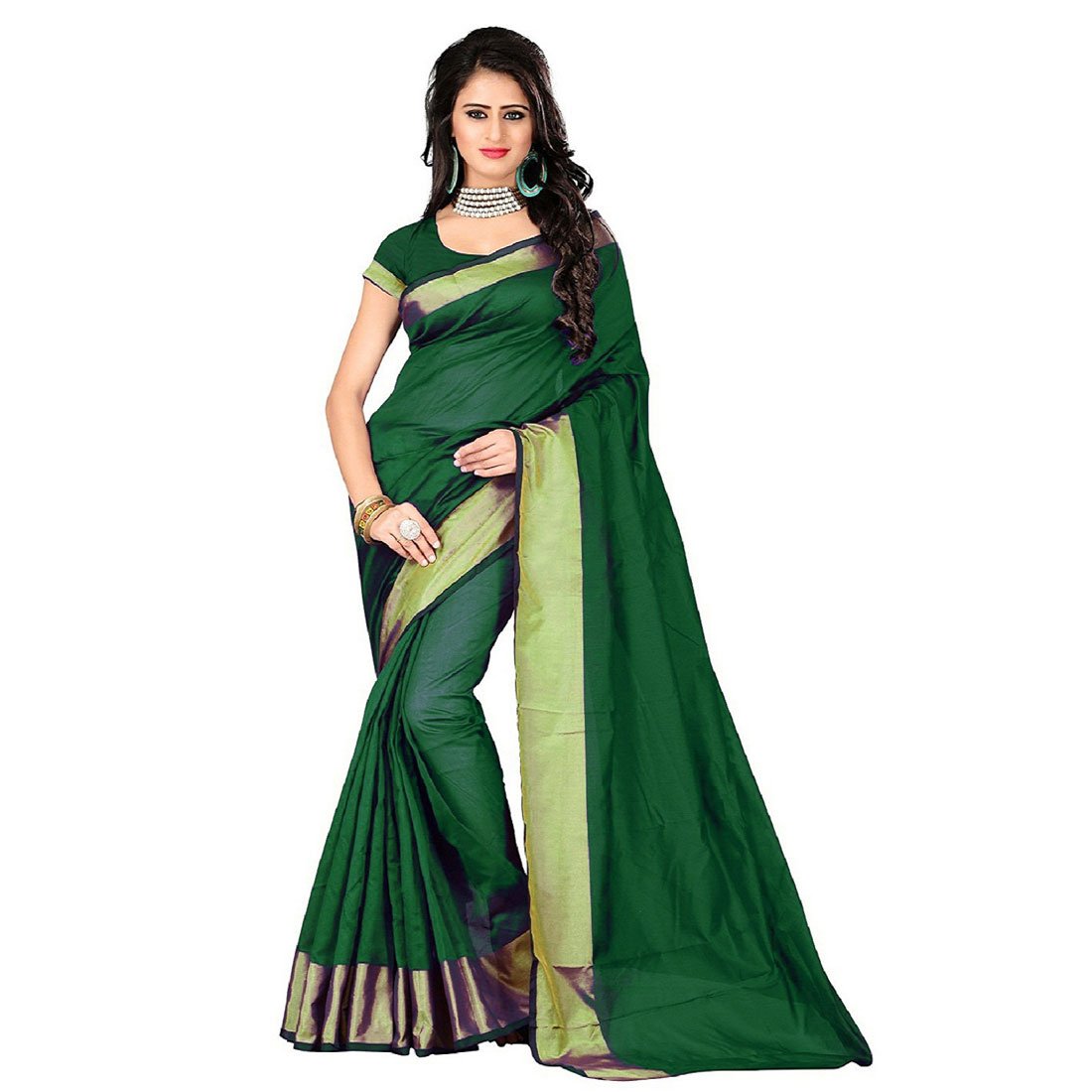 pramukh suppliers cotton saree with blouse piece (d_g_12345_green_free size)