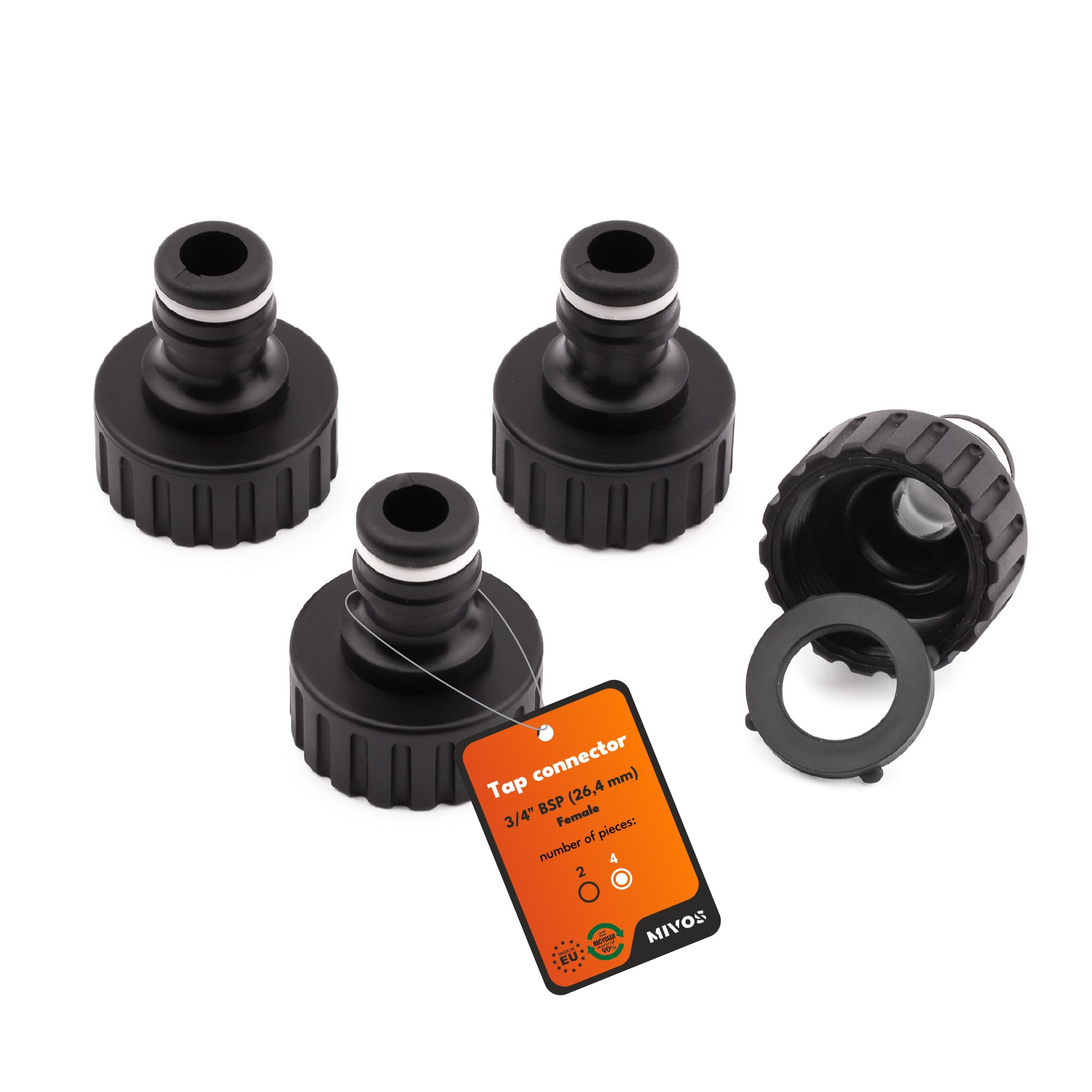 Mivos 4 x Tap Connector for Taps with 3/4 Inch BSP (26.4 mm) Male Thread - Tap Adapter with Quick Coupling for Garden Hose - Made from 90% Recycled Plastic