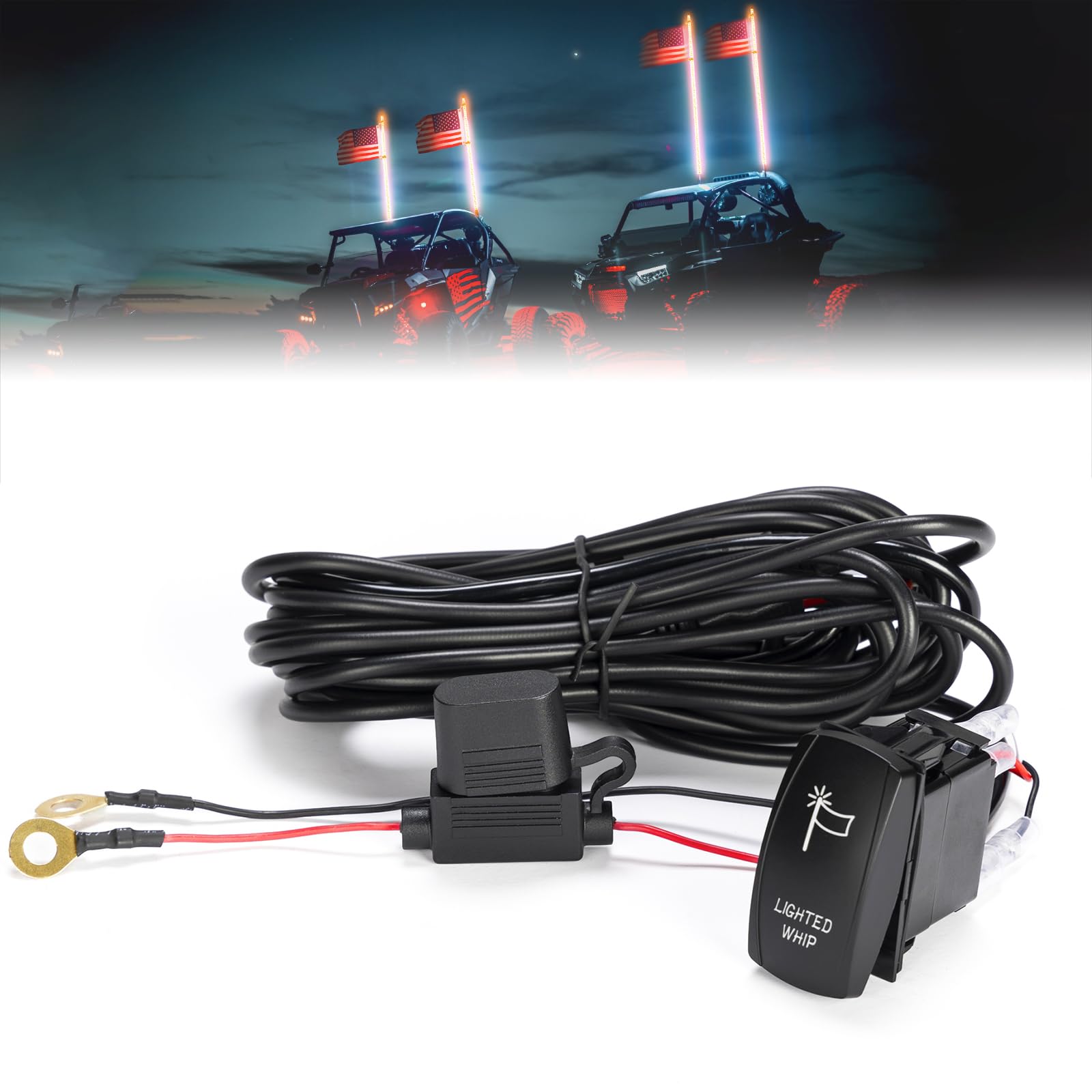 Photo 1 of KEMIMOTO Whip Lights Rocker Switch with Wiring Harness Kit for 12V UTV ATV 10A Blade Fuse Compatible with Polaris RZR Ranger Can-Am Maverick X3 Defender CFmoto Talon KRX YXZ