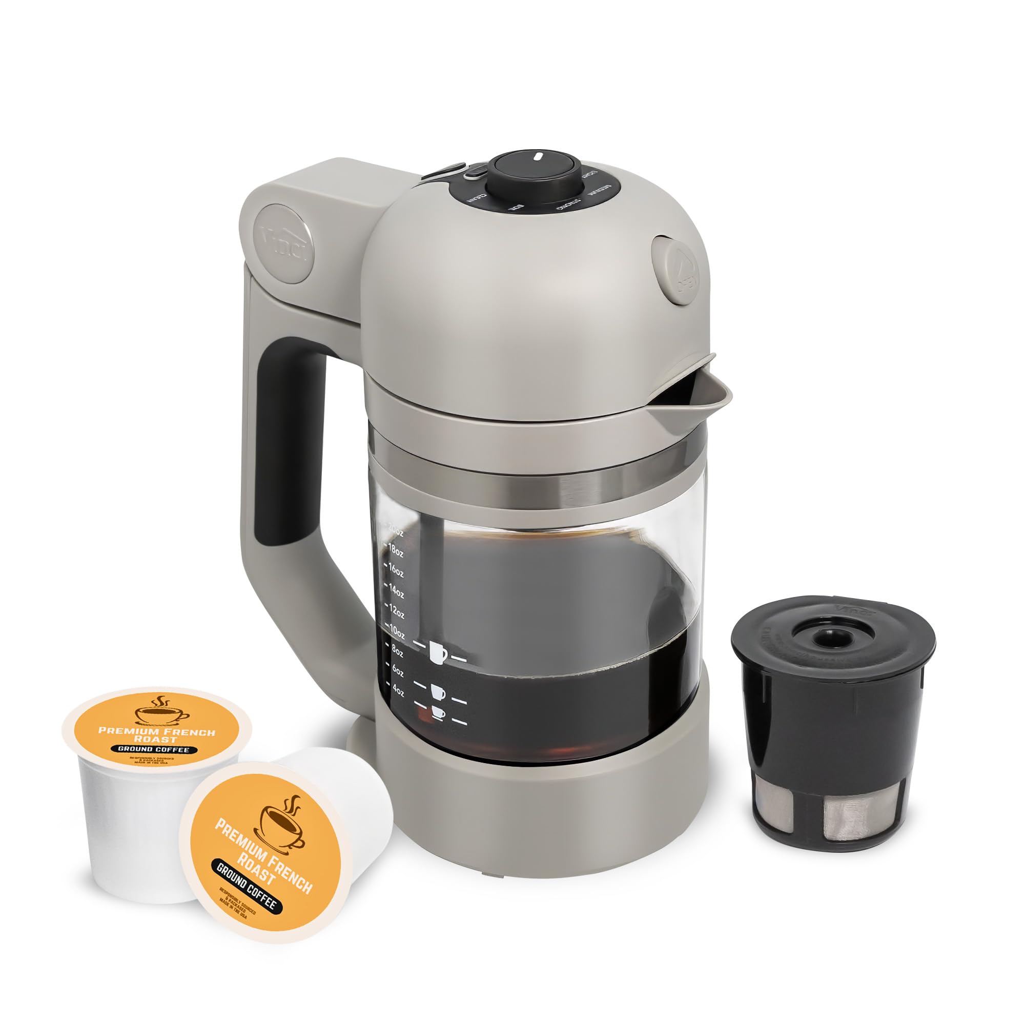 VINCI Micro Café Smallest Single-Serve Glass Coffee Brewer | Compatible with K-Cups, Pods & Ground Coffee | Enclosed & Circle Flow Brewing for Hotter, Richer Flavor | Brews 4oz to 20oz (Gray)