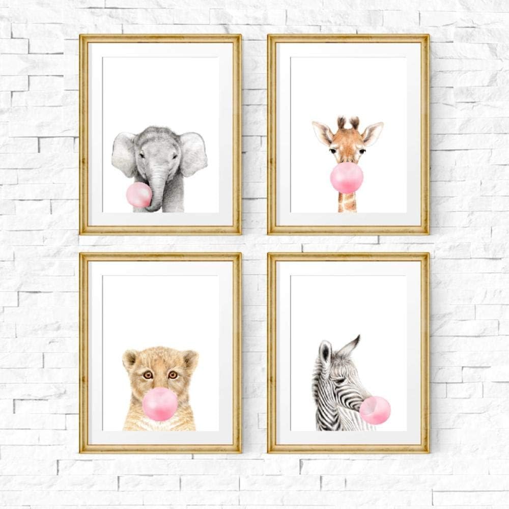 Zdfdc Safari Animaux Affiches Imprimer Bebe Animaux Zebre Elephant Girafe Lion Bubble Gum Pepiniere Decor Wall Art Fille Chambre Toile Peinture 21x30cmx4 Sans Cadre Cuisine Maison Decoration De Chambre D Enfant