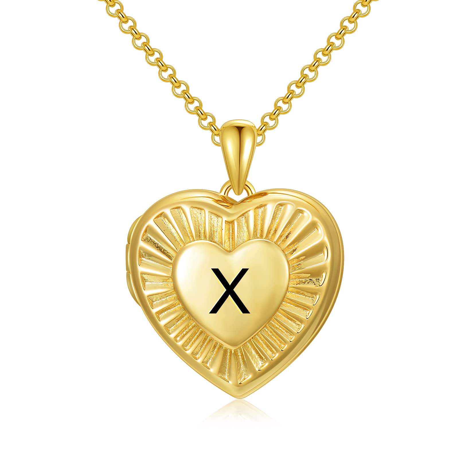 SOULMEET 18ct Gold Plated Silver Radiation Initial Heart Locket Necklace That Holds Pictures Photo Locket Necklace Alphabet X (Locket only)