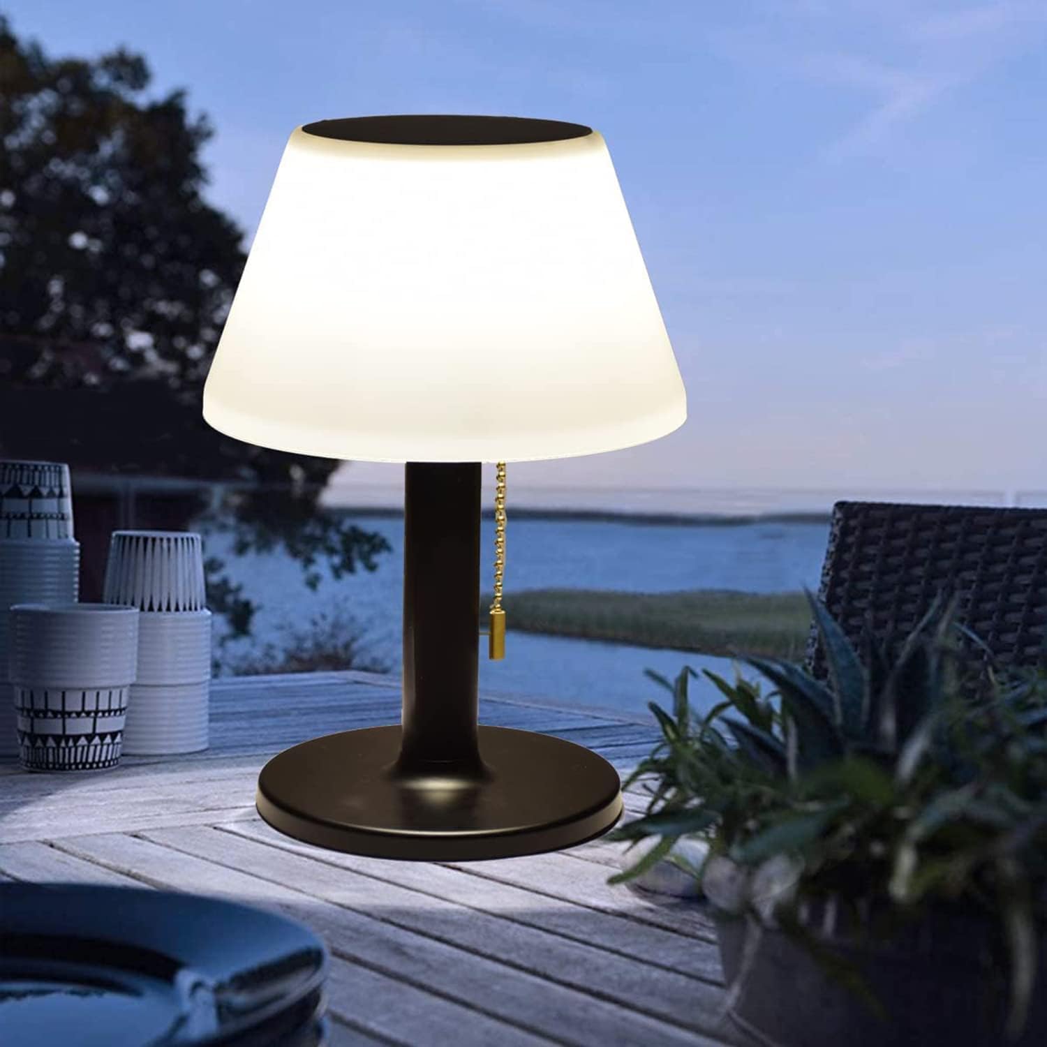 pearlstar LED Solar Table Lamp Desk Lamp White Night Lights Outdoor Decorative Table Lights with Pull Chain for Outside Patio Garden Bedroom Living Room (Black -3 Lighting Modes)