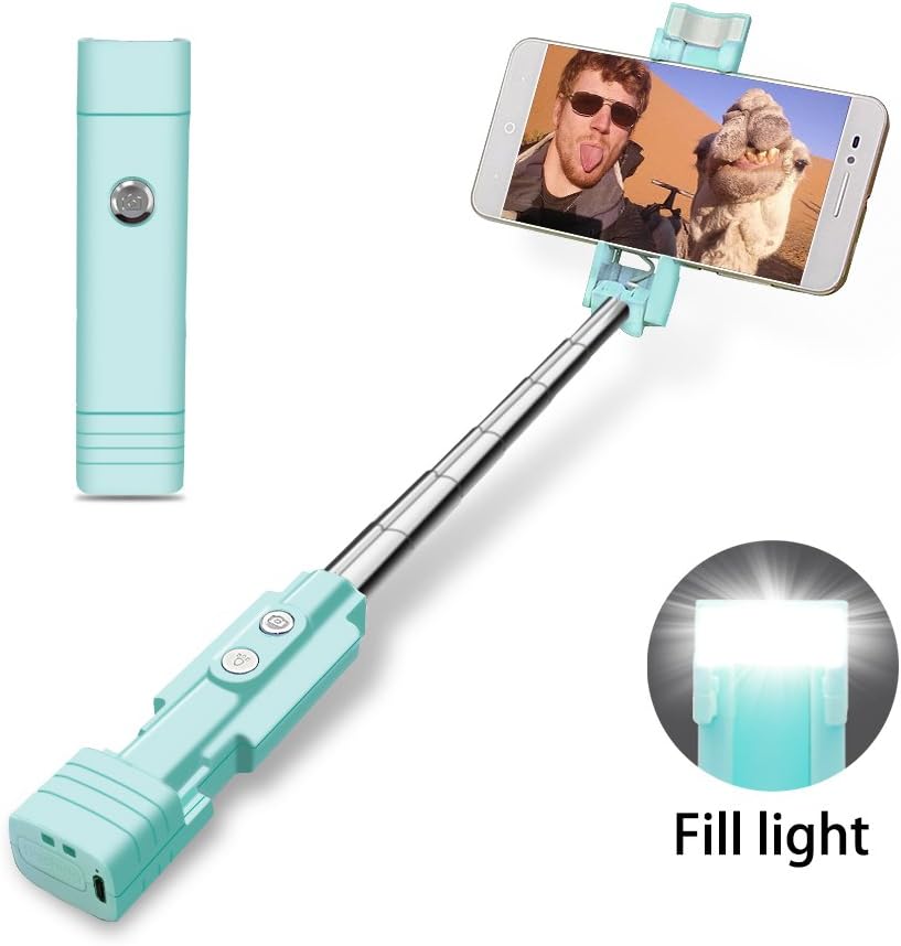 Atongm Bluetooth Selfie Stick, Mini Selfie Sticks With Led Fill Light Compatible with IOS Android and Other (Blue)