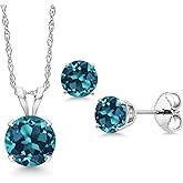 Gem Stone King 14K White Gold London Blue Topaz Pendant Earrings Jewelry Set For Women | 1.76 Cttw | Gemstone November Birthstone | Round 6MM | with 18 Inch Chain