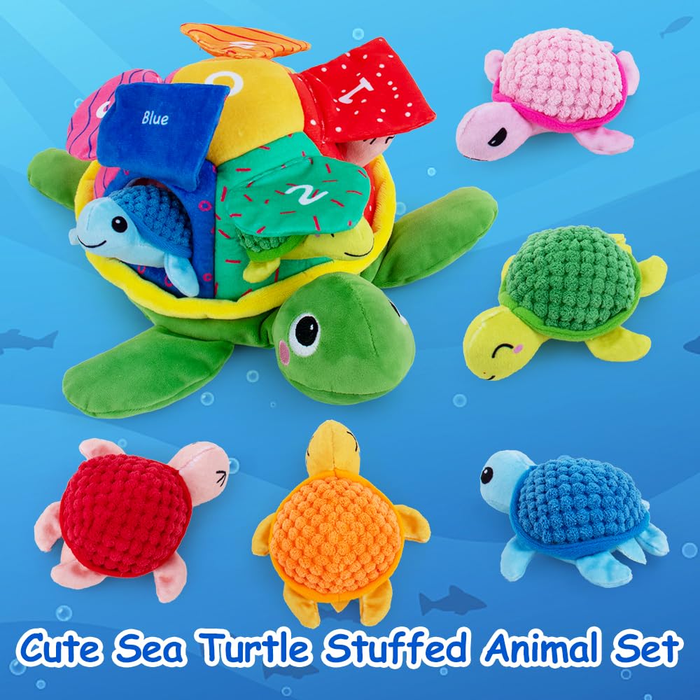 teytoy Sea Turtle Stuffed Animal Set with 5 Babies Inside, Soft and Cuddly Small Stuffed Animals Ideal Gift for Kids, Boys & Girls, Matching Games for Toddlers 1-3 to Learn Shapes, Colors, Numbers