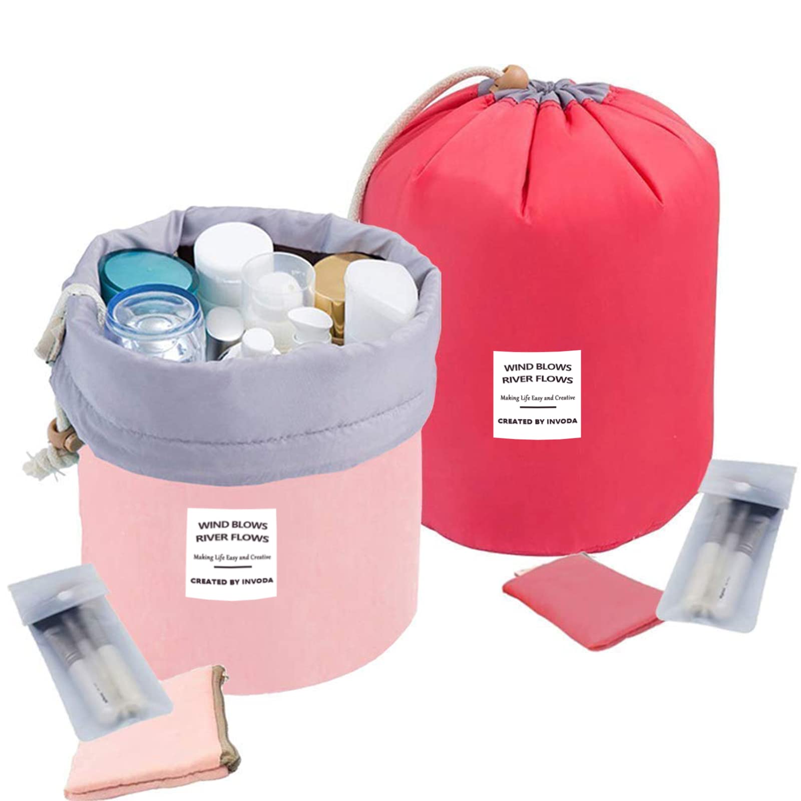 INVODA Drawstring Makeup Bag Large Delicates Wash Bag Women Make Up Bag Organizer Mom Birthday Gifts for Women Best Mothers Day Gifts(Pink+Red)