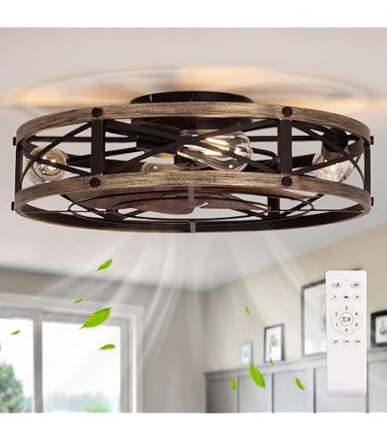 VSIWB 22" Caged Low Profile Ceiling Fan With Light – Rustic Farmhouse Flush Mount, Woven Rattan Design, Remote Control, 6 Speeds, Reversible Motor