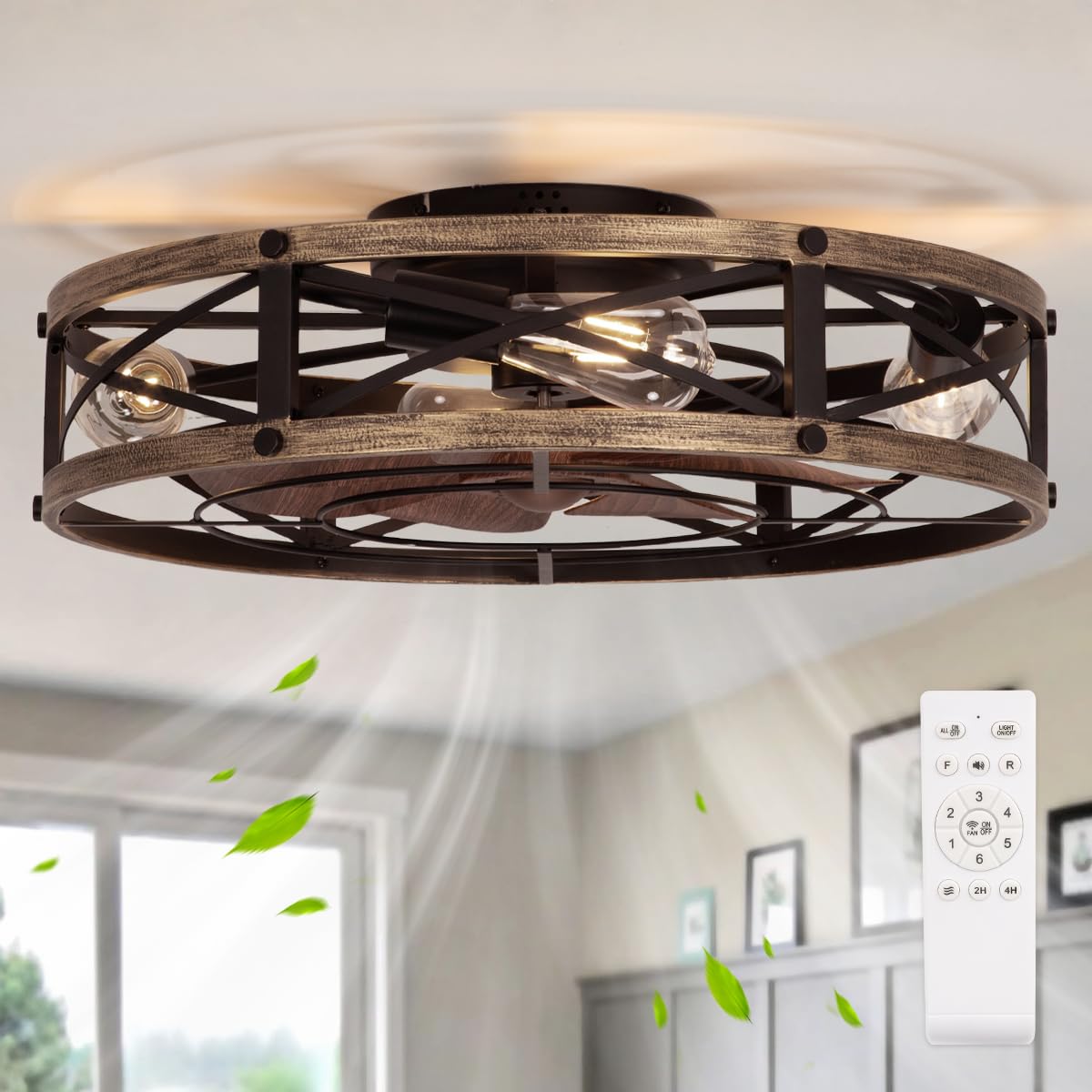 SHLUCE 22" Farmhouse Ceiling Fan with Light, Rustic Caged Bladeless Low Profile Ceiling Fans with Lights and Remote, Modern Flush Mount Ceiling Fans with Lights for Bedroom, Living Room - ETL Image