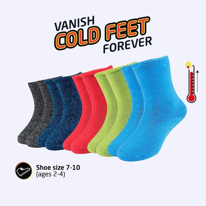 HOT FEET Toddler Warm Socks – Thermal Crew Winter Socks for Toddlers, Thick Insulated Snow Gear for Kids 5/6 Pack