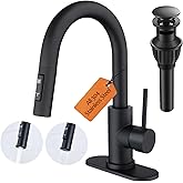 Bathroom Faucet with Pull Down Sprayer, Matte Black Single Handle Pull Out Faucet with Pop-Up Drain & Deck Plate, Stainless Steel 1 or 3 Hole Bar Sink Faucet