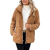 Dugcew Women's Fleece Zip Up Sherpa Jacket Casual Stand Collar Patchwork Quilted Teddy Coat with Pockets