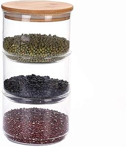 Chiatai Kitchen Food Glass Storage Jars,Airtight Sealed Glass Stackable Containers Bamboo Lid Canister for Kitchen Food 3 Stack