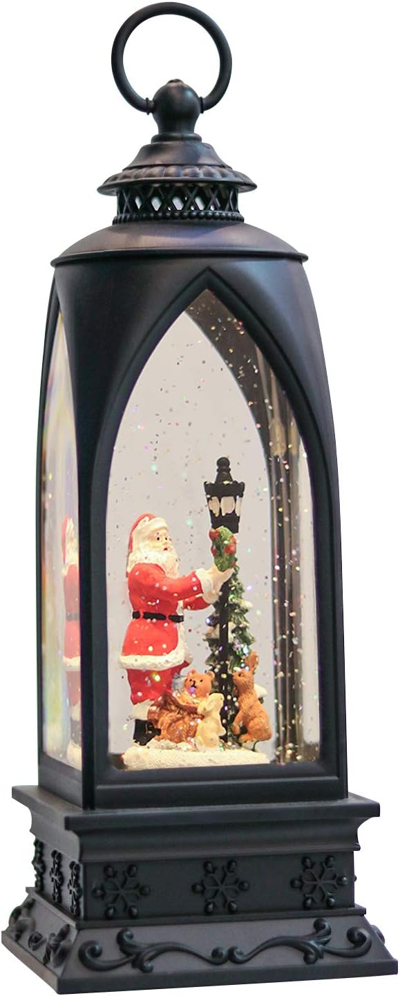 Snow Globes - Eldnacele 12” Christmas Snow Globe Lantern Snowman with Music & Timer, USB Lined/Battery Operated Lighted Water Glittering Lantern for Christmas Festival Decoration Gifts – Santa