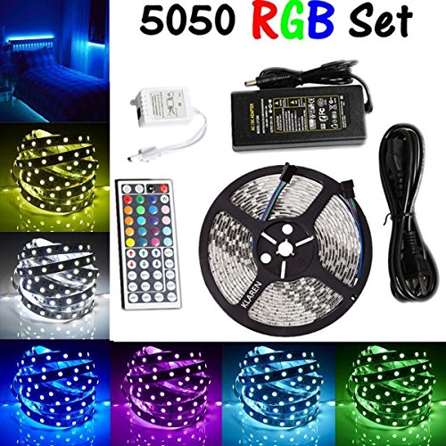 LED Strip Light, Flexible Rope Lights, KLAREN Waterproof 16.4ft 5M 5050 SMD 300leds RGB Color Changing Ribbon Lighting Strip Kit with 44Key Remote + 12V 5A Power Supply + IR Control Box