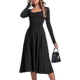 LYANER Women's Square Neck Long Sleeve Empire Waist A Line Flare Solid Midi Dress