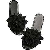 OYOANGLE Women's Floral Appliques Open Toe Flat Sandals Comfortable Summer Beach Slip on Slide Sandal