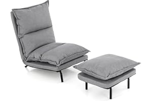 KOMFOTT Floor Lazy Sofa Chair with Ottoman, Modern Recliner Lounge Chair with 6-Level Adjustable Backrest, Faux Linen Fabric Indoor Chaise Lounge for Living Room Bedroom Balcony (Gray)
