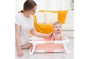 napei Baby Bathtub,Collapsible Baby Bathtub for Infants to Toddler with Smart Temp Sensor, Baby Bathtub with Floating Cushion & Drain Hole, Space-Saving Baby Bath Tub for Newborn 0-36 Month,Pink