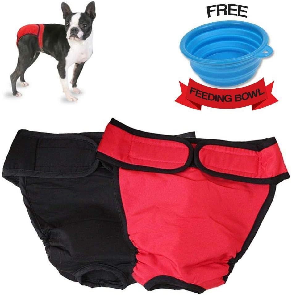 2 Pack of Dog Diapers, Size S with 12.6 - 19.7 inch Waist, Comfortable Dog Underwear Pants for Male Female Dogs with Strong Fastener Strap, Washable Reusable Panties for Small Pets with Feeding Bowl