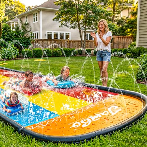 JAMBO Premium Triple Water Slide and 3 Bodyboards, 16Ft Heavy Duty Slip Splash and Slides-Advanced 3-Way Sprinkler System, Splash Pad Mat Backyard Summer Outdoor Water Toys n Long Slides for Kids