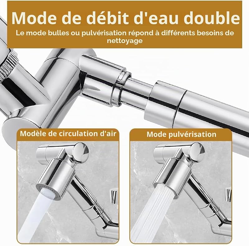 Embout de robinet rotatif, rallonge de robinet multifonction rotatif à 1440 °, avec 2 adaptateurs réglables, rallonge de robinet pour salle de bain et cuisine — photo 5 sur 7