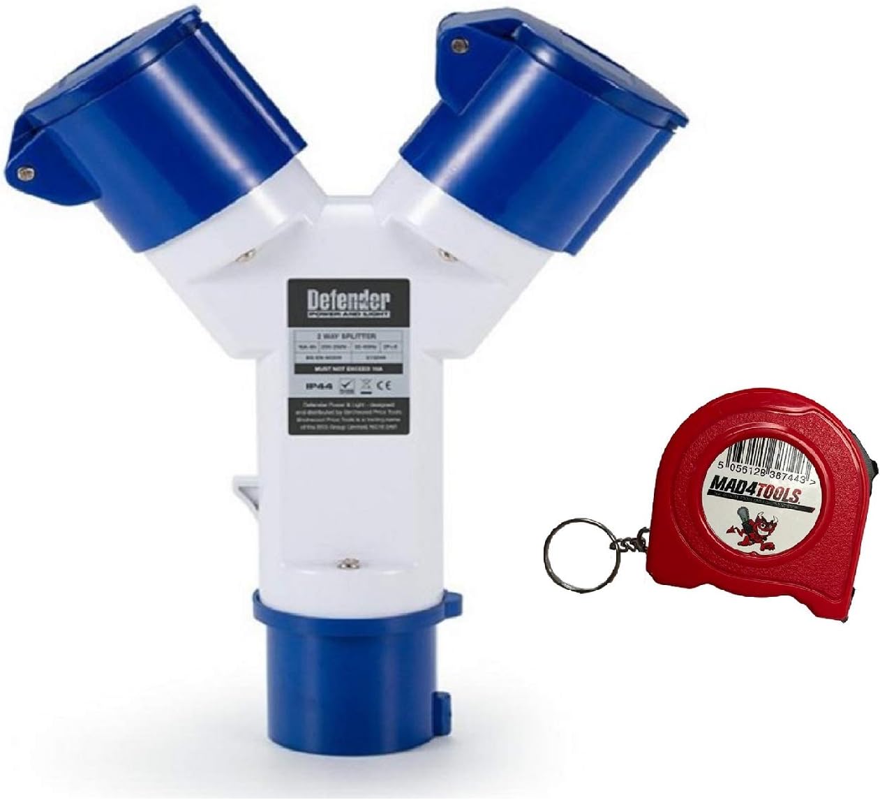 Defender 2-Way 240v Splitter Adaptor and 2M Tape Measure