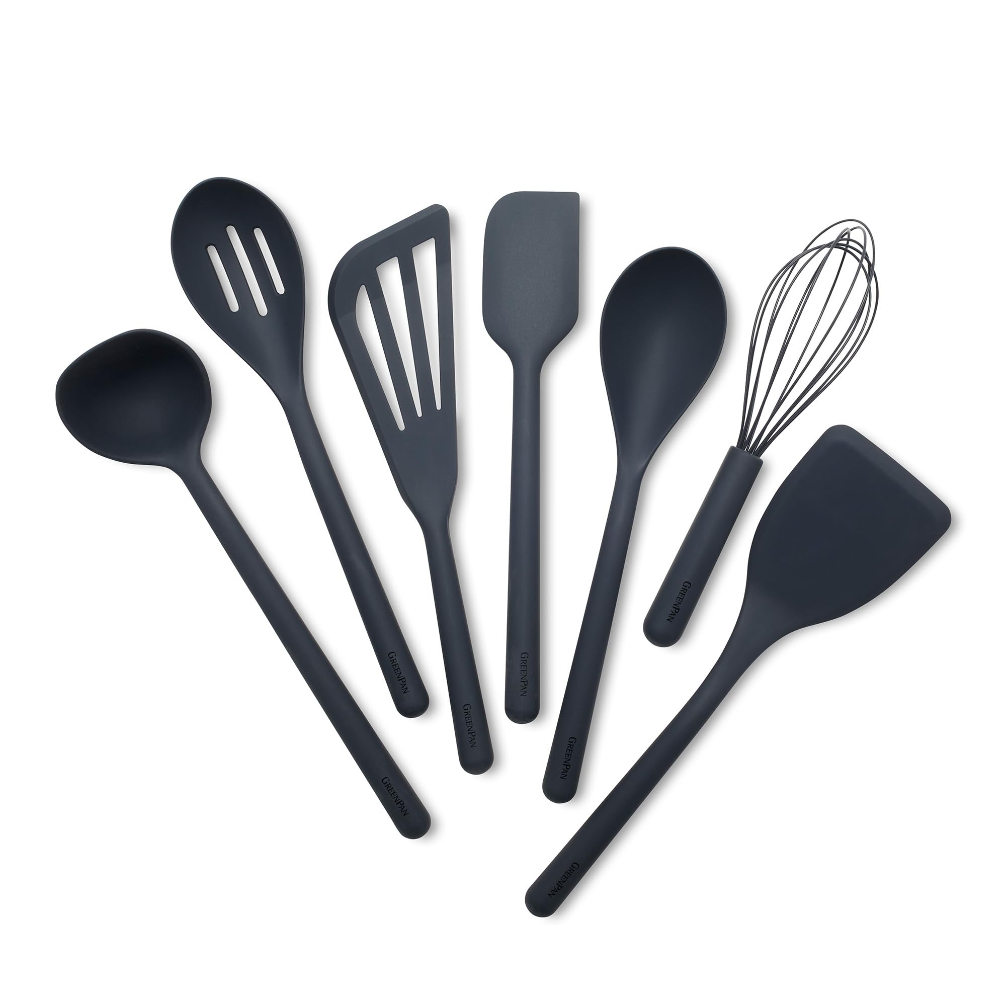 Photo 1 of GreenPan Silicone 6 Piece Cooking Utensil Set, Ladle, Spatula, Spoons, Whisk, Flexible Nonstick Kitchen Tools Rigid Steel Core, Heat-Resistant, Anti-Slip Handle BPA-Free Dishwasher Safe, Gray